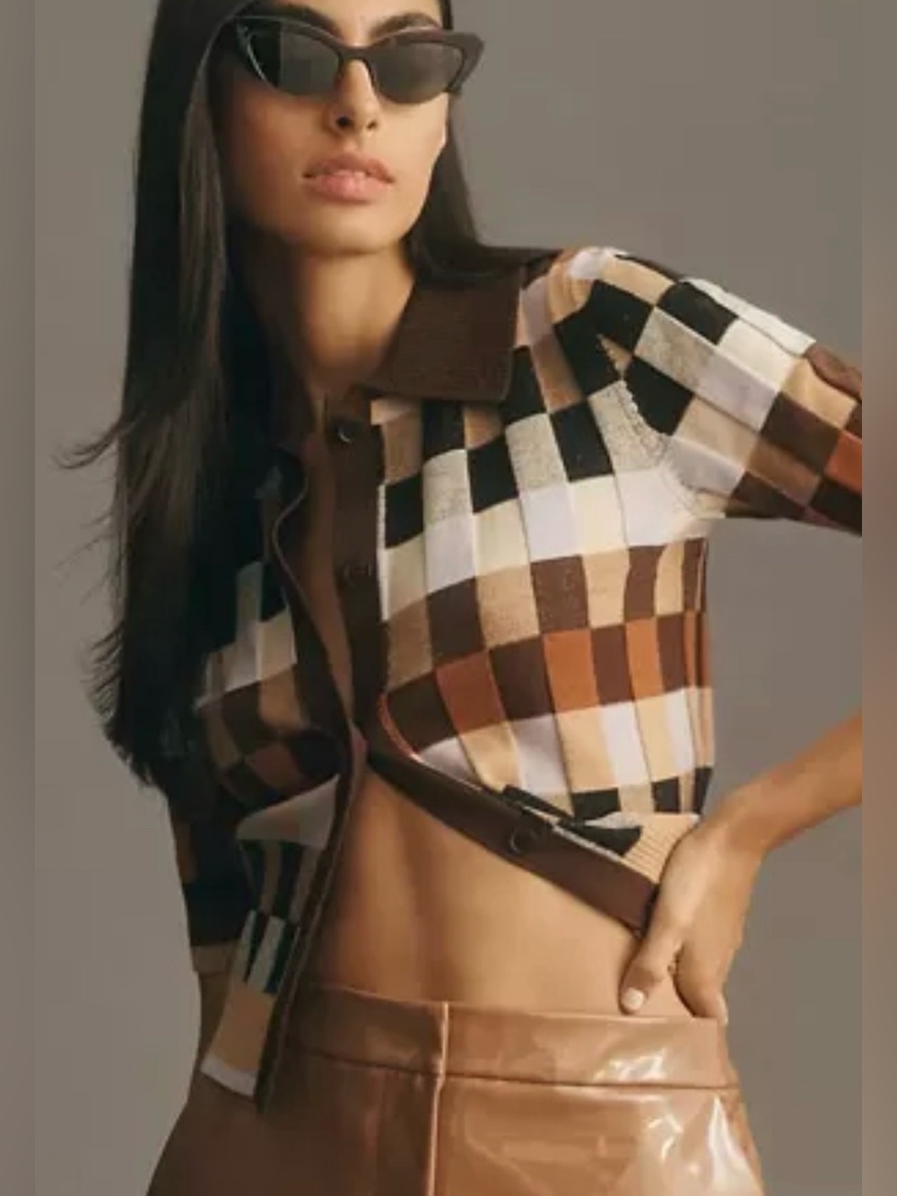 Maeve Brown Kinsley Collared Short-Sleeve Knit Retro Checked Polo Cardigan Top